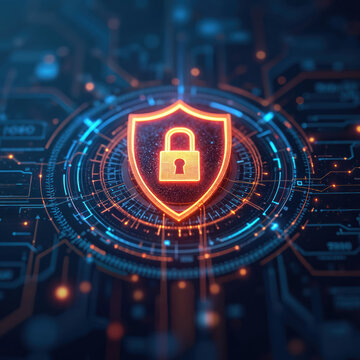 Digital shield with padlock icon over circuitry. Abstract cybersecurity concept. Protect data and network from digital threats. Secure system.