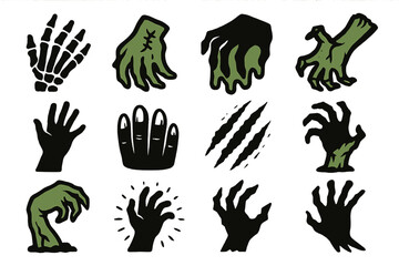 Undead Icon Collection. Undead Grasp Collection silhouette icon set: bony hand, stitched hand, goo-dripping fingers, green decay arm, grasping silhouette, cracked nails, horror