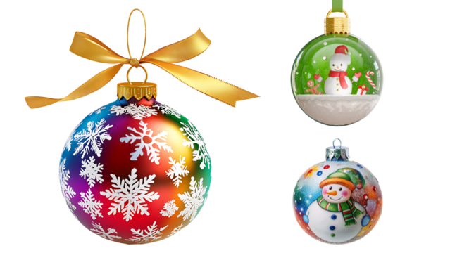 colorful christmas baubles with ribbon