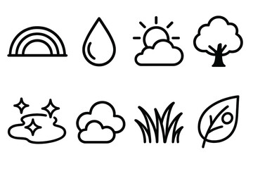 Fototapeta premium Nature Rain Icons. Nature After Rain linear icon set: rainbow arc, water droplet, soft sunlight, tree silhouette, sparkling puddle, cloud cluster, grassy field, dew on leaf