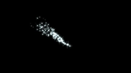 Luxury glowing starlight trail with white twinkling glitter stars, curved particle path, shimmering fairy stars effect, festive Christmas fireworks overlay on black screen seamless visual animation 4k