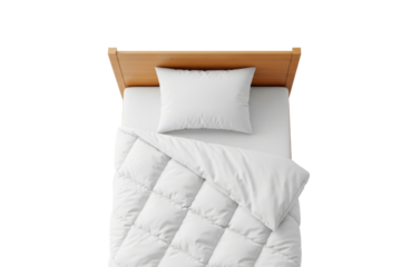 Top view of a neatly made single bed with white bedding, including a pillow and a quilted duvet, set against a wooden headboard, isolated on transparent background