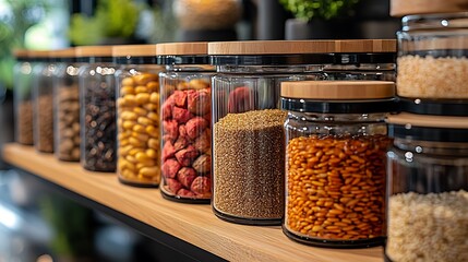 Organized pantry jars with healthy dry goods on wooden shelf high resolution image