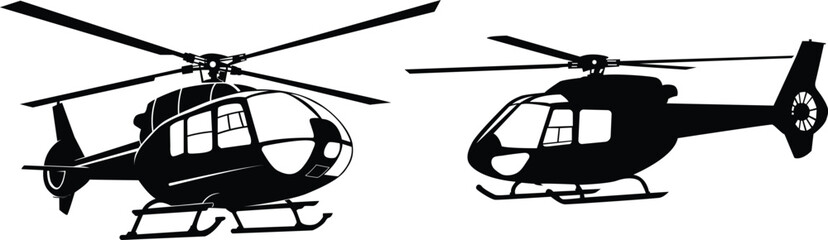 Helicopters shown in a bold black silhouette style 