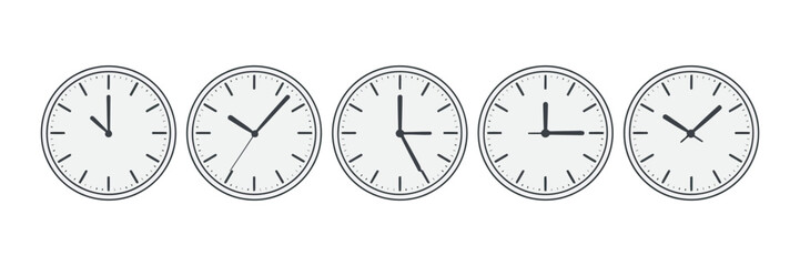 A horizontal arrangement of five identical minimalist analog clocks, each showing a distinct time on a clean white background. Vector