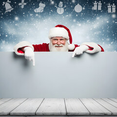 Santa claus pointing down at a blank sign with christmas icons and snowy background above him smiling. Christmas creative post add