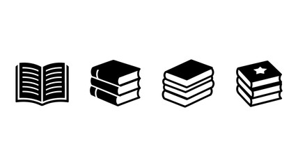 Set of minimalist black vector book icons representing education, learning, library, wisdom, and knowledge on a clean isolated background.