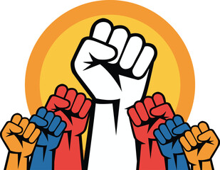 Colorful raised fists in a powerful symbol of unity and revolution
