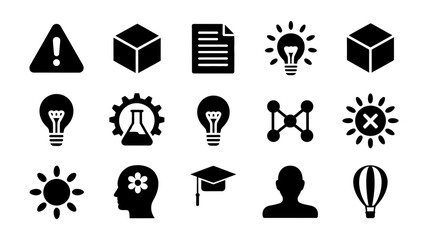 Modern black silhouette vector icons collection for web, apps, and infographics. concepts include innovation, education, science, data, alerts, and user profiles.