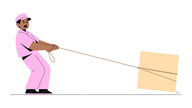 Delivery worker in pink uniform struggling to pull a heavy cardboard box with a rope, symbolizing effort, challenge, and logistics difficulty.