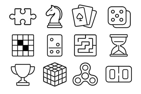 Outline Game Icons. Puzzles and games linear icon set: jigsaw piece, chess knight, playing cards, dice, crossword grid, domino tile, maze path, timer, trophy, puzzle cube, spinner