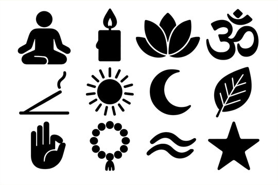 Sacred Sound Icons. Sacred Sound Practice silhouette icon set: meditation figure, candlelight, lotus bloom, mantra symbol, incense stick, sun, moon, leaf, hand pose, beads, breath