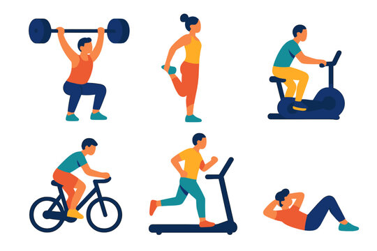 Fitness Icon Set. Gym Activities Set flat icon set: lifting figure, stretching figure, rowing motion, cycling figure, running treadmill, core exercise