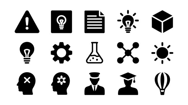 Versatile collection of black silhouette icons for a wide range of uses, representing ideas, alerts, science, education, and technology concepts on a transparent background.