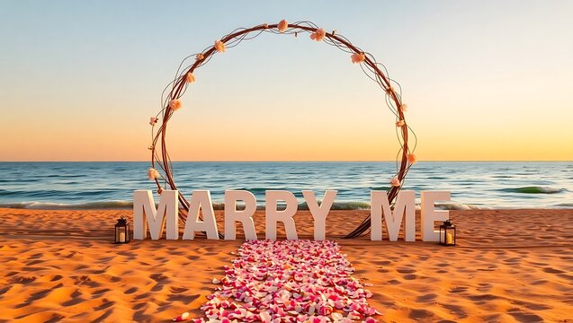 Generative AI beach proposal setup for romantic commitment.