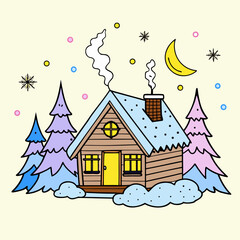 Fototapeta premium Cozy winter cabin scene with snow covered trees and a crescent moon