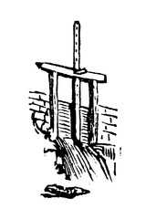 Water gate, shut-off valves of the 19th century, industrial antiques, old vintage illustration, 1897.