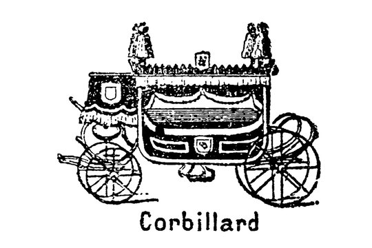 19th century corbillard, hearse carriage, vintage funeral transport, 1880s european vehicle, ornate victorian design, old vintage illustration, 1897.
