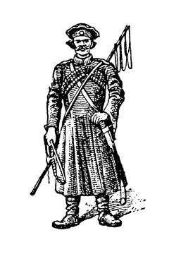 Cossack with Shashka Saber, Pike Lance and Nagaika Whip, 19th century Russian warrior in traditional Cherkeska coat, historical military uniform, old vintage illustration, 1897.