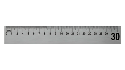 Metallic, straight 30 cm ruler with black markings and numbers, isolated on a black background
