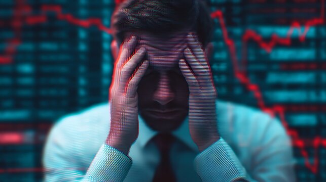 A distressed businessman holds his head, surrounded by a backdrop of fluctuating stock market graphs, symbolizing financial anxiety and market turmoil. - Powered by Adobe