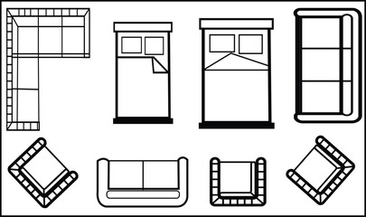 A technical black and white vector illustration showing a variety of architectural floor plan symbols for common bedroom furniture, including two double beds (top and side views), a large closet.