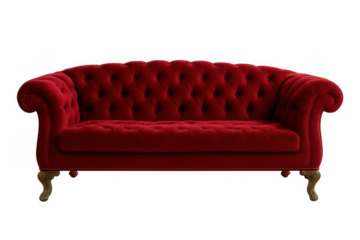 Red chesterfield sofa displaying vintage elegance and classic comfort, tufted velvet couch furniture on transparent background