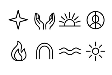 Spiritual Symbol Icons. Spiritual Connection Set linear icon set: guiding star, open hands, rising light, harmony circle, gentle flame, unity arc, calm wave, radiant point