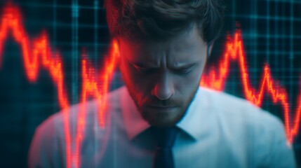A businessman looks worried as he analyzes fluctuating financial data represented by a red graph on a digital display.