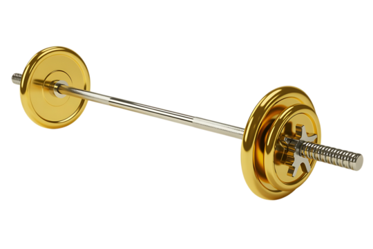 A gleaming gold barbell with shiny circular weight plates isolated on transparent background