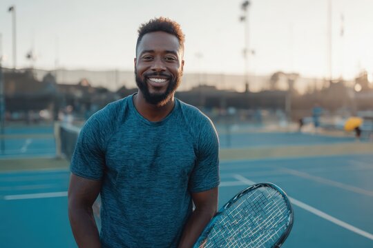 Adult Tennis Player on Court with Racket and Smile
