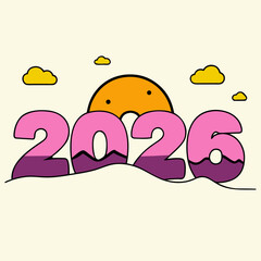 Whimsical 2026 numbers with a cheerful sun and clouds illustration