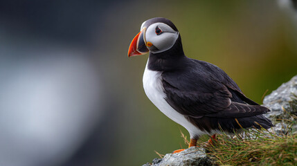 Obraz premium American puffin perched on coastal rock in Iceland’s rugged landscape