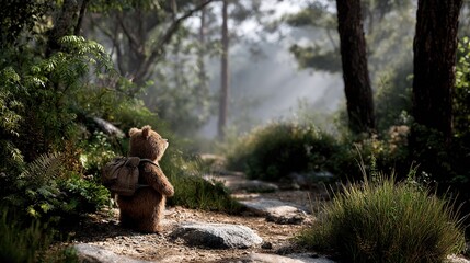 Brown teddy bear character wearing  woven backpack stands on  misty sunlit forest path surrounded by lush green foliage and tall trees