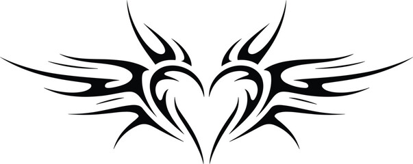 Bold tribal heart tattoo design with sharp symmetrical lines, black ink ornamental pattern for body art, graphic decoration, modern illustration