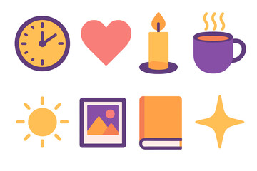Fototapeta premium Cherished Moments Icons. Cherished time flat icon set : clock face, heart symbol, candle flame, warm mug, photo frame, book, light glow, star