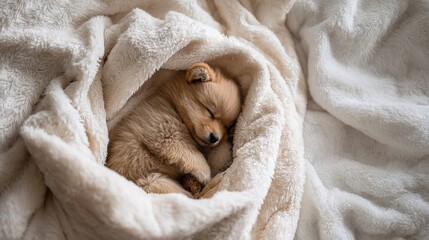 Adorable light brown fluffy puppy soundly sleeping curled up warmly inside  soft cream colored sherpa blanket