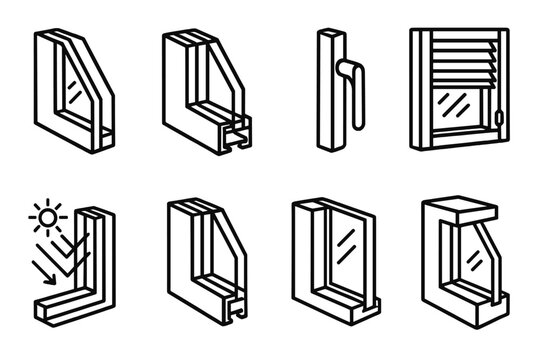 Modern Window Design. Modern Window Design linear icon set: double-glazed pane, window frame, solar coating, air seal, handle latch, insulated blinds, light reflection, wall