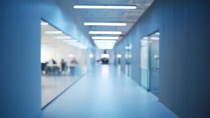 Modern office corridor with glass doors and bright lights