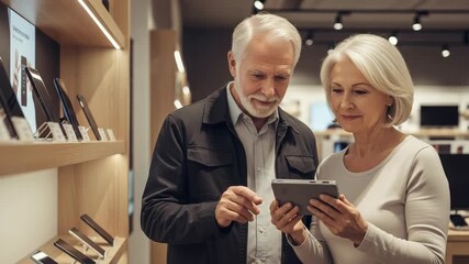 An elderly couple examines a tablet computer in an electronics store, browsing and considering options.