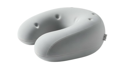 A light grey, U-shaped travel pillow with indented top and slightly textured fabric