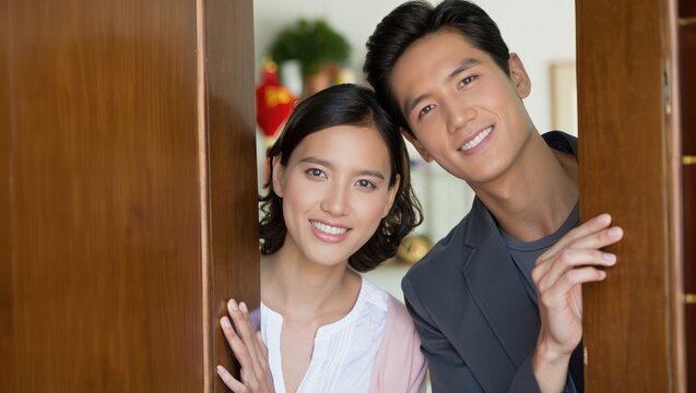 Smiling couple standing in doorway, ready to enter a sunlit home together