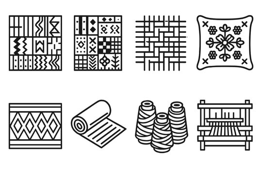 African Textile Icons. African Textile Designs linear icon set. kente cloth, mudcloth pattern, woven mat, embroidered pillow, geometric border, fabric roll, colorful threads