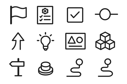 Project Startup Icons. Project Beginning Icons linear icon set: kickoff flag, planning sheet, first task box, initial milestone dot, startup arrow, concept sketch, early blueprint