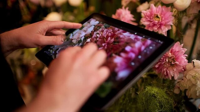 Closeup of hands arranging flowers in an advanced digital floral design app showcasing intricate interface features and detailed customization options on a touchscreen.