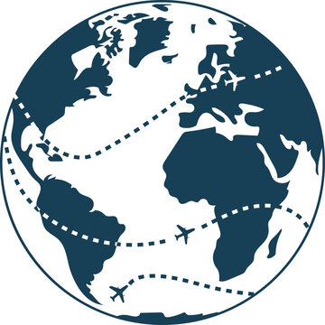 Planet Earth with airplanes following dotted flight paths across the continents symbolizing global travel and tourism vector art
