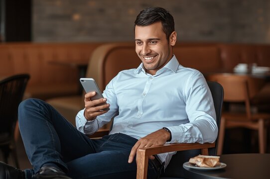 Smiling man in light blue shirt sits in cafe chair, browsing smartphone with coffee nearby