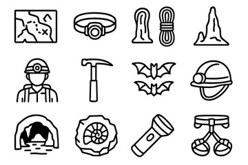 Cave Exploration Icons. Speleology Exploration linear icon set: cave map, headlamp, rope, stalagmite, cave scientist, rock hammer, bat colony, helmet, underground chamber, fossil