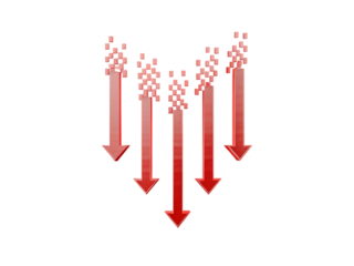 Five downward pointing arrows in a v shape isolated on white background