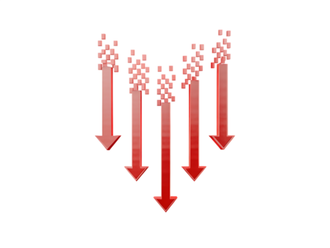 Five downward pointing arrows in a v shape isolated on white background
